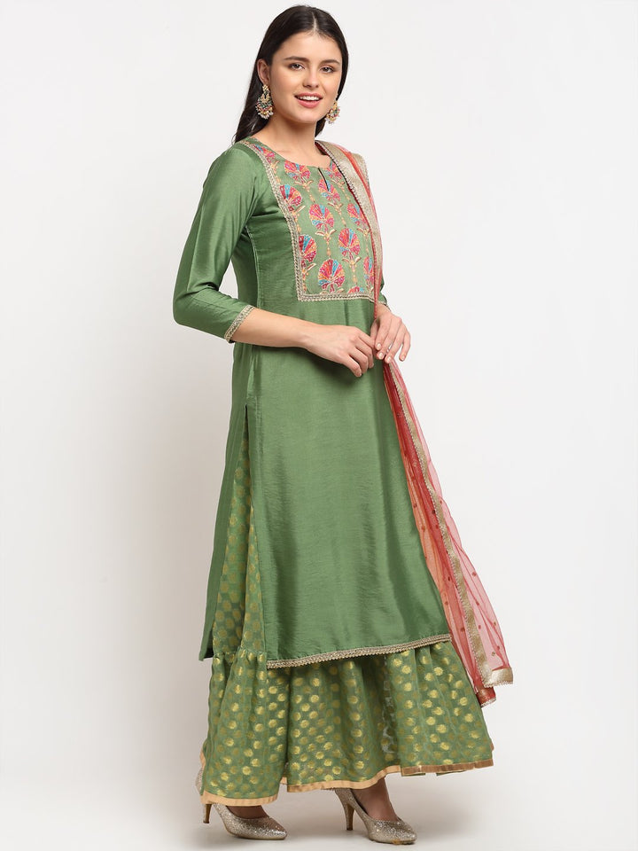 anokherang Combos Ornate Olive Banarsi Embroidered Yoke Layered Floor length with Shade Sequin Dupatta