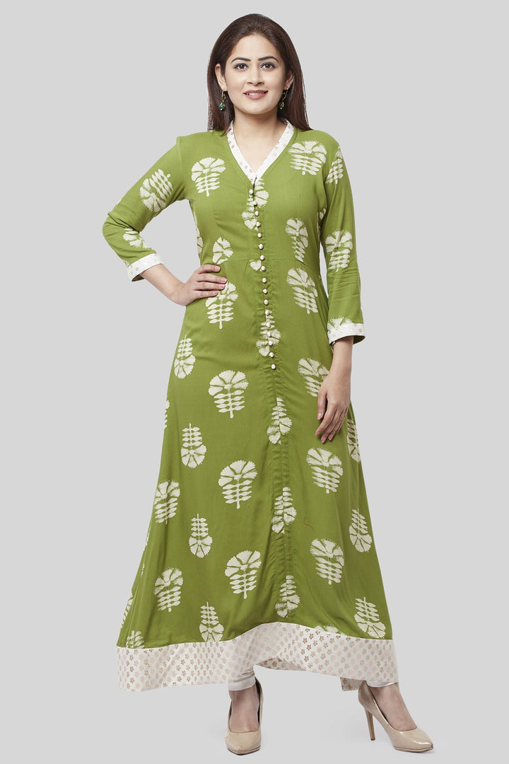anokherang Combos Pale Green Festive Kurti with Off-White Churidaar