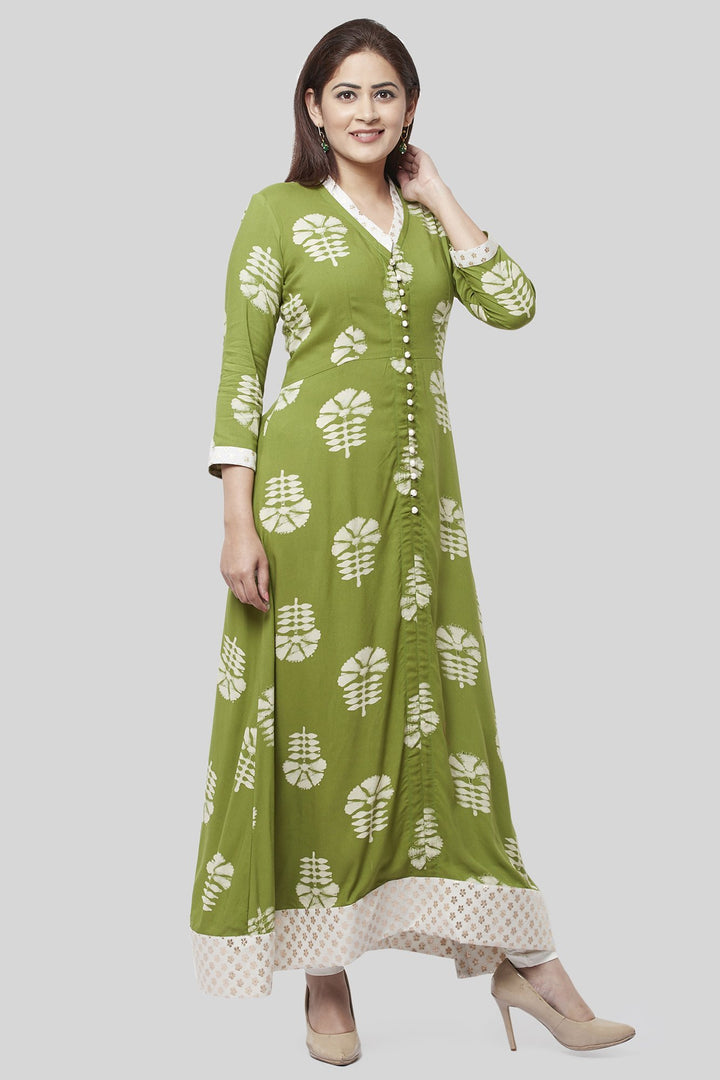 anokherang Combos Pale Green Festive Kurti with Off-White Churidaar