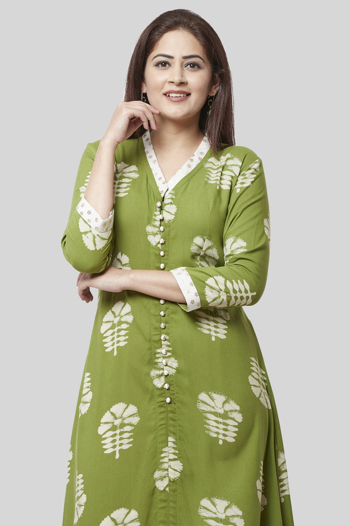 anokherang Combos Pale Green Festive Kurti with Off-White Churidaar