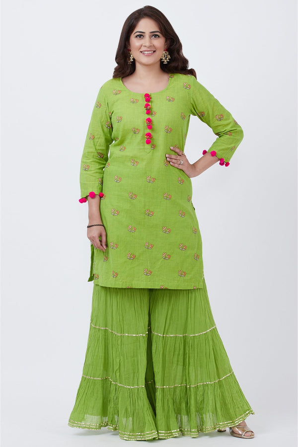 anokherang Combos Parrot Green Cotton Embroidered Kurti with Crushed Cotton Sharara