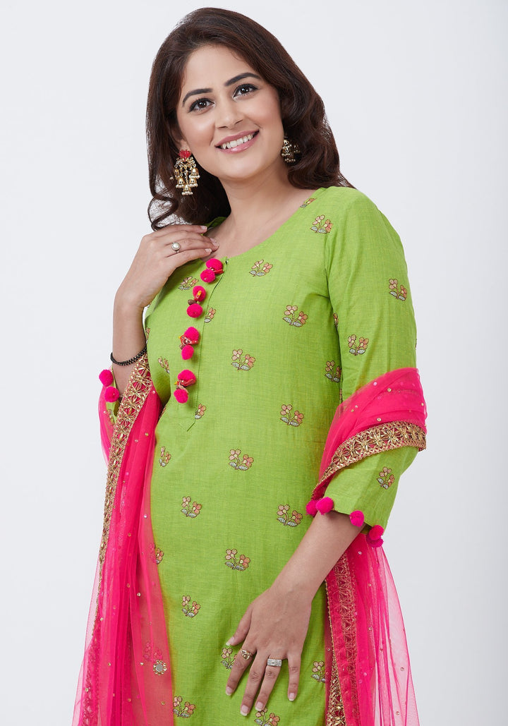 anokherang Combos Parrot Green Cotton Embroidered Kurti with Sharara and Pink Net Dupatta