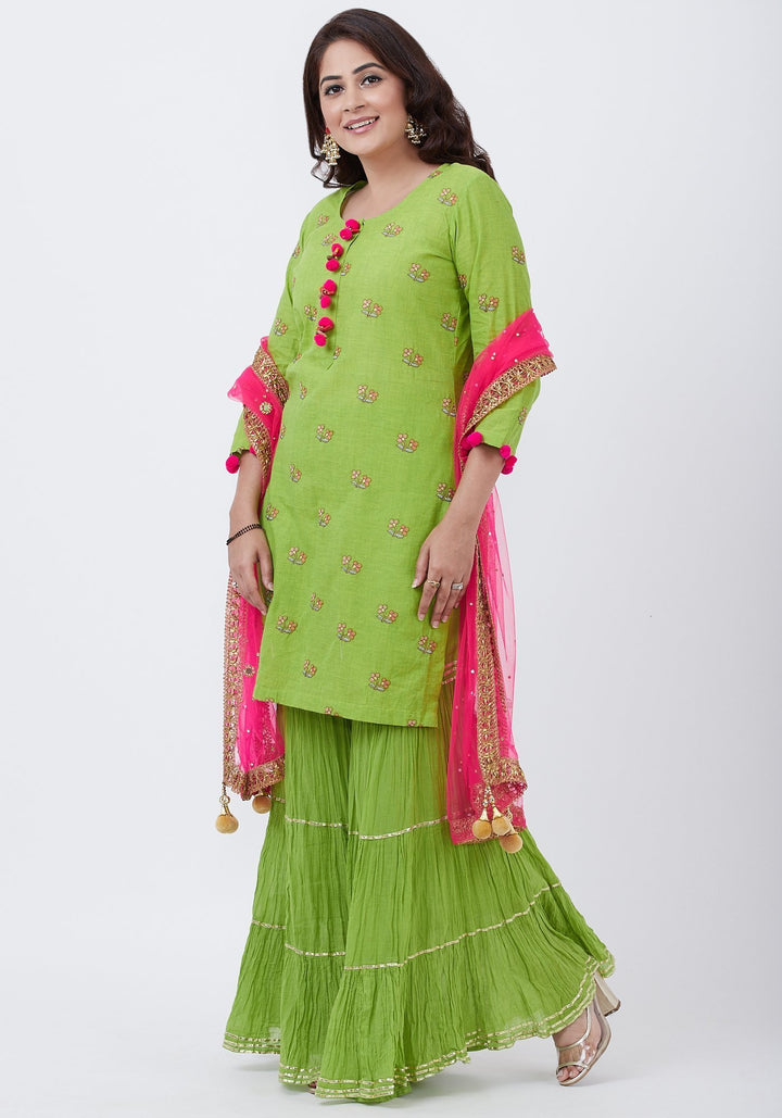 anokherang Combos Parrot Green Cotton Embroidered Kurti with Sharara and Pink Net Dupatta