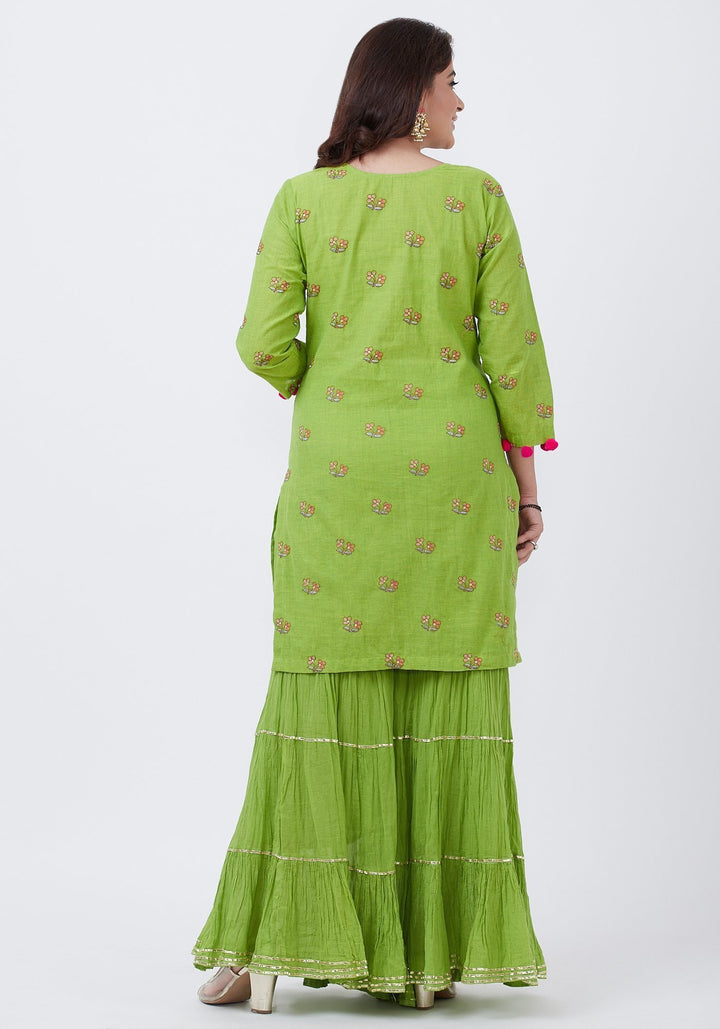 anokherang Combos Parrot Green Cotton Embroidered Kurti with Sharara and Pink Net Dupatta