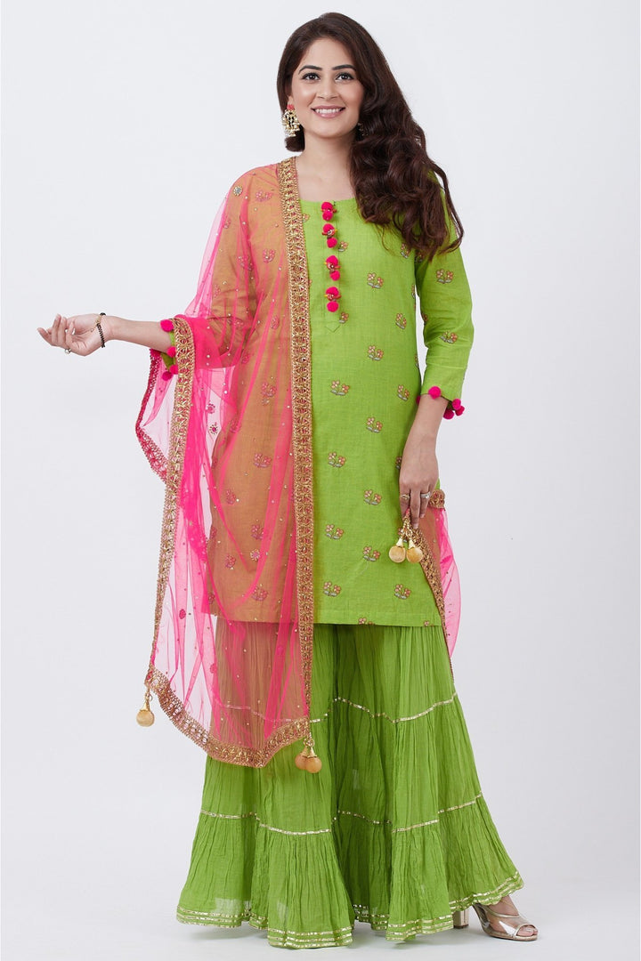 anokherang Combos Parrot Green Cotton Embroidered Kurti with Sharara and Pink Net Dupatta