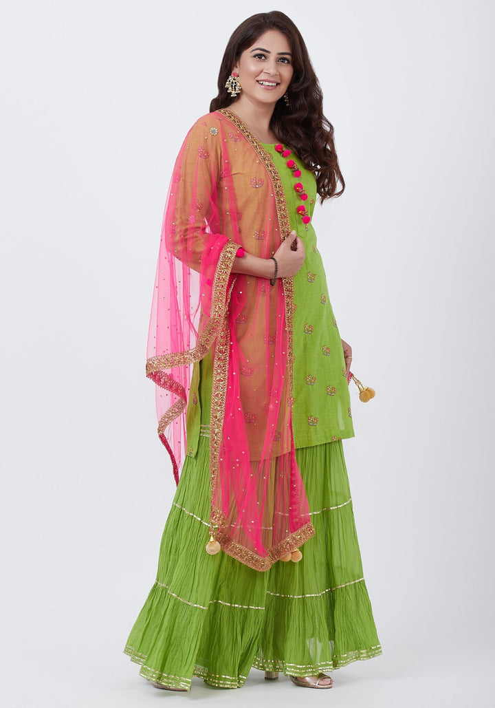 anokherang Combos Parrot Green Cotton Embroidered Kurti with Sharara and Pink Net Dupatta