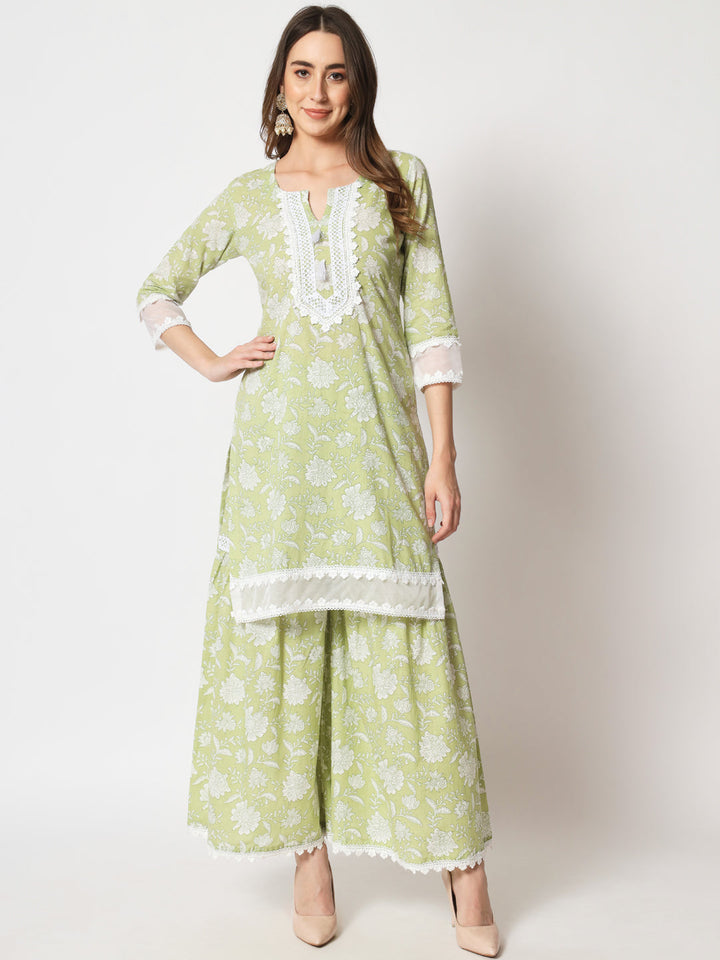 anokherang Combos Pastel Green Crochet Kurti with Sharara