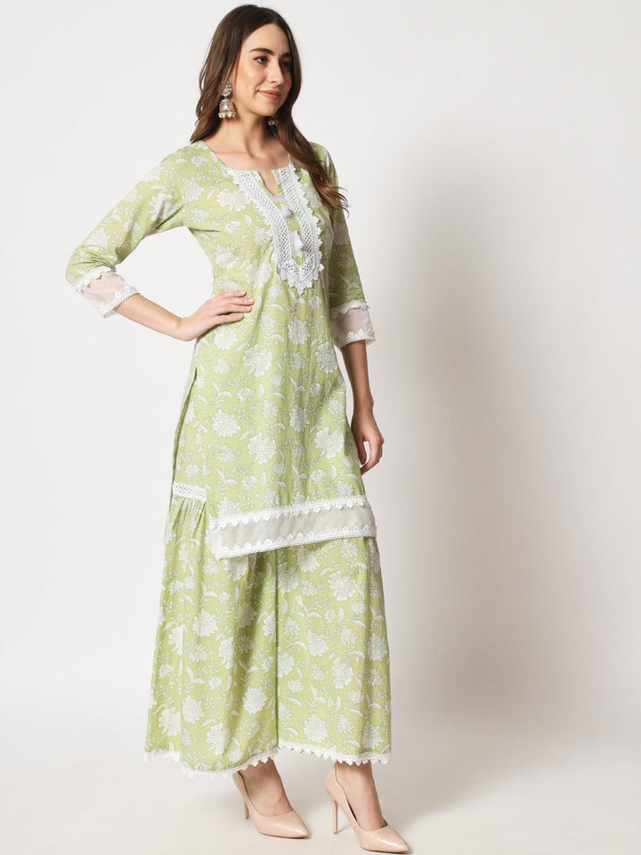 anokherang Combos Pastel Green Crochet Kurti with Sharara and Chiffon Dupatta