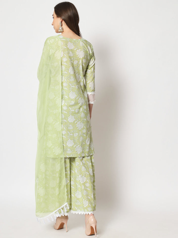 anokherang Combos Pastel Green Crochet Kurti with Sharara and Chiffon Dupatta