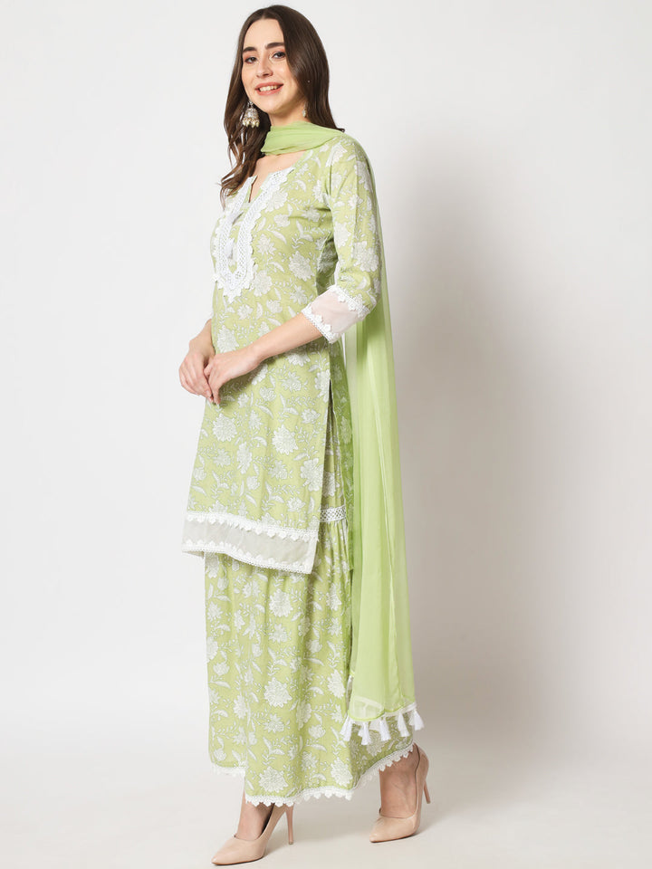 anokherang Combos Pastel Green Crochet Kurti with Sharara and Chiffon Dupatta