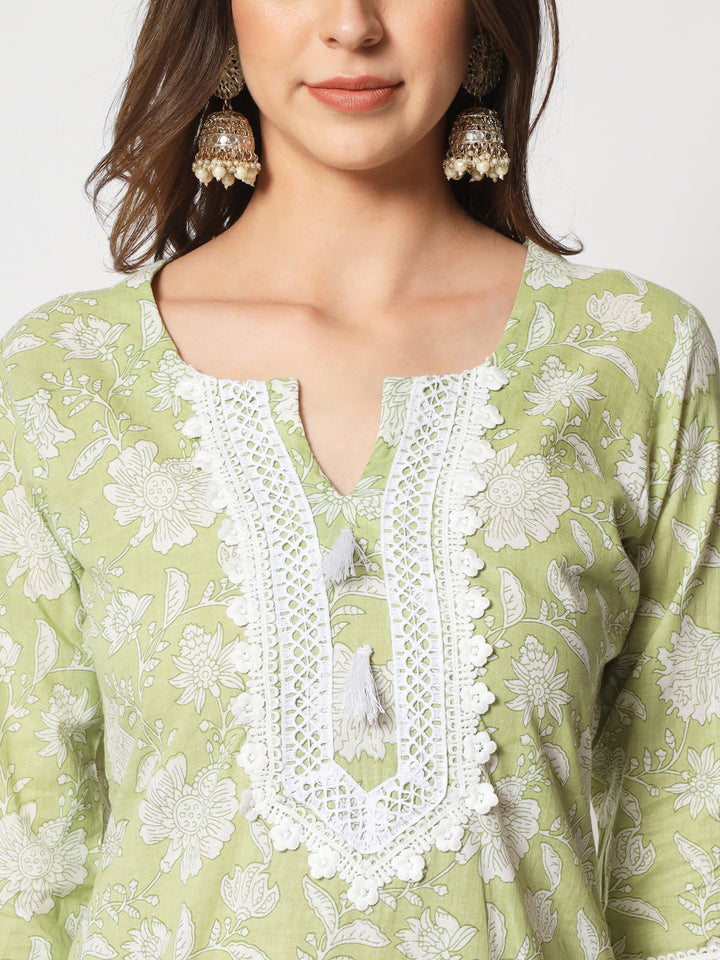 anokherang Combos Pastel Green Crochet Kurti with Sharara and Chiffon Dupatta