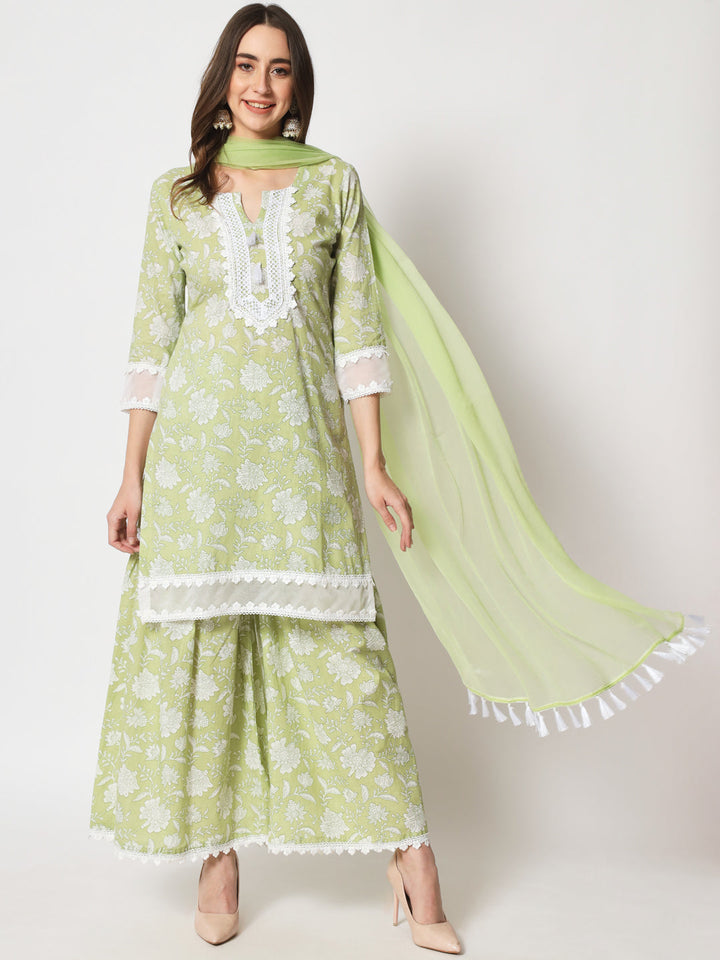 anokherang Combos Pastel Green Crochet Kurti with Sharara and Chiffon Dupatta