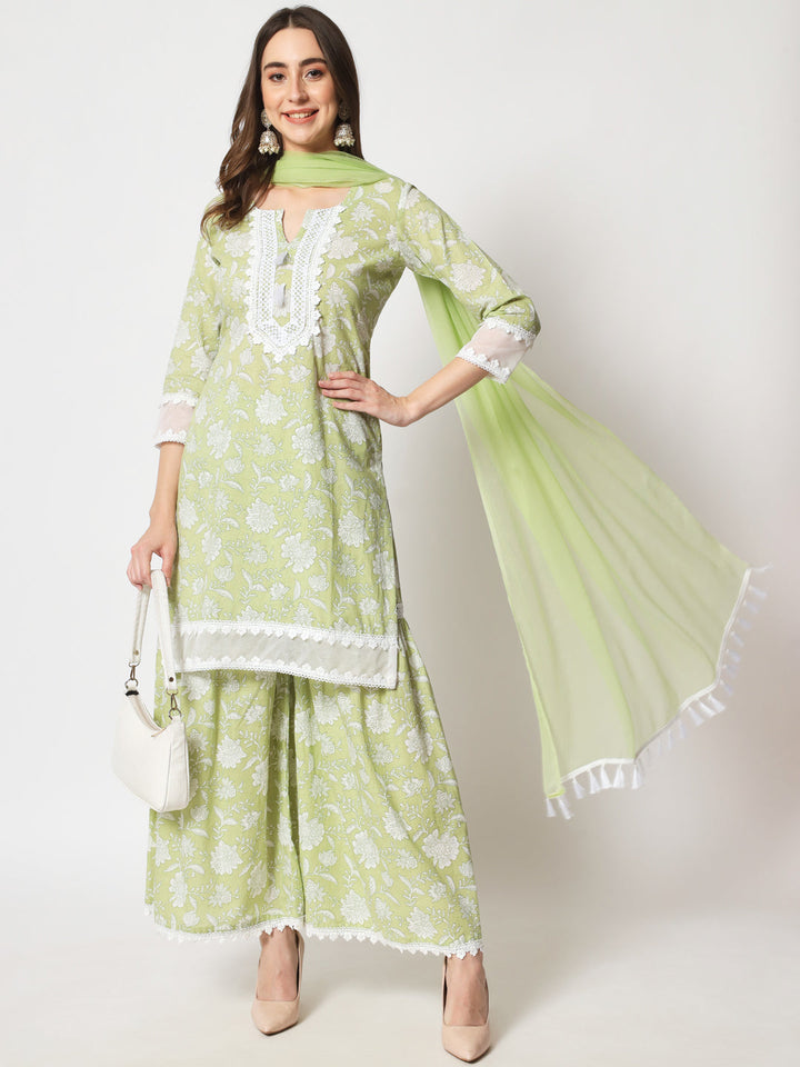 anokherang Combos Pastel Green Crochet Kurti with Sharara and Chiffon Dupatta