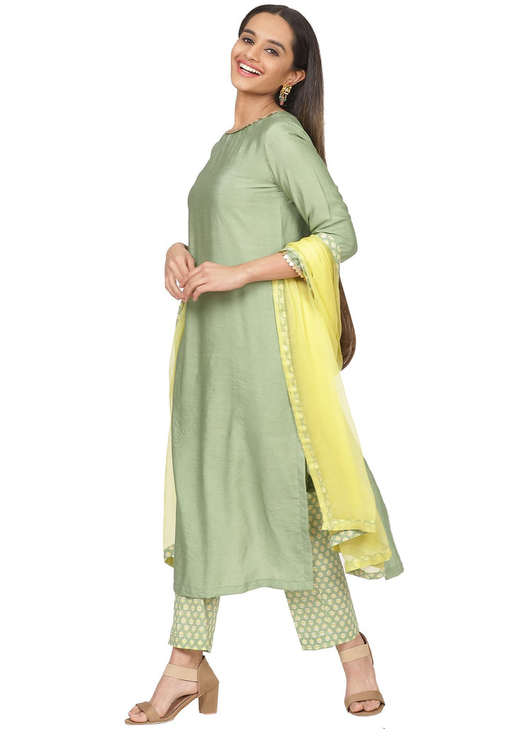 anokherang Combos Pastel Green Kurti with Printed Kurti and Lemon Dupatta