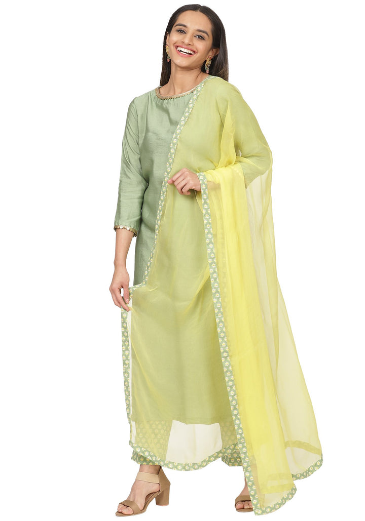 anokherang Combos Pastel Green Kurti with Printed Kurti and Lemon Dupatta