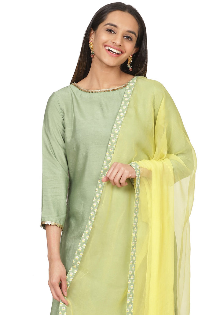 anokherang Combos Pastel Green Kurti with Printed Kurti and Lemon Dupatta