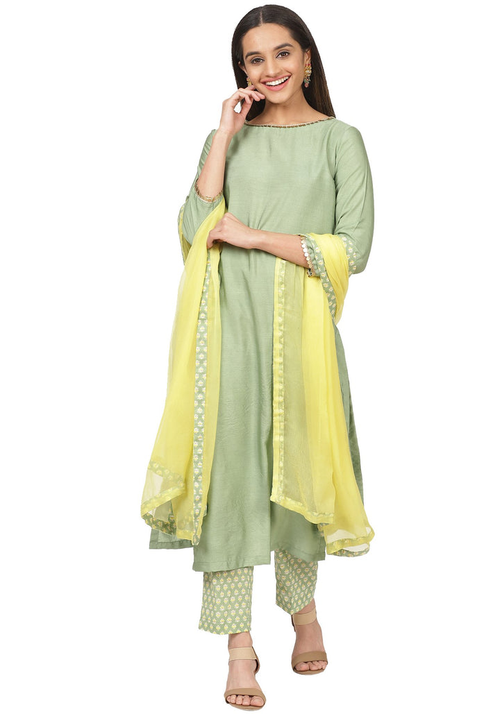 anokherang Combos Pastel Green Kurti with Printed Kurti and Lemon Dupatta
