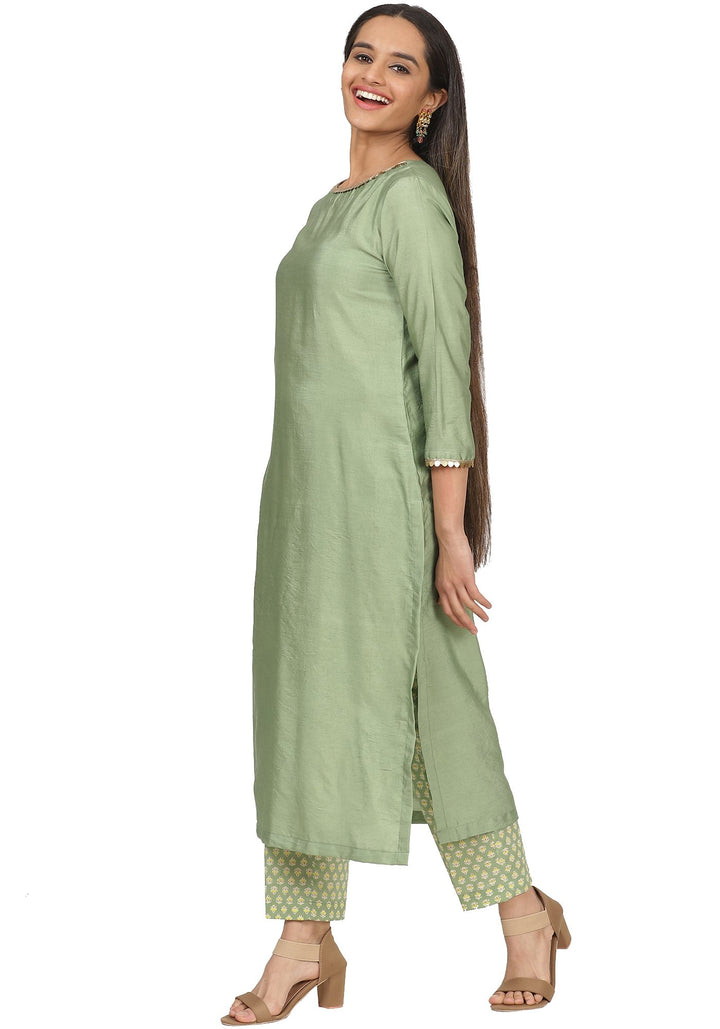 anokherang Combos Pastel Green Kurti with Printed Pants