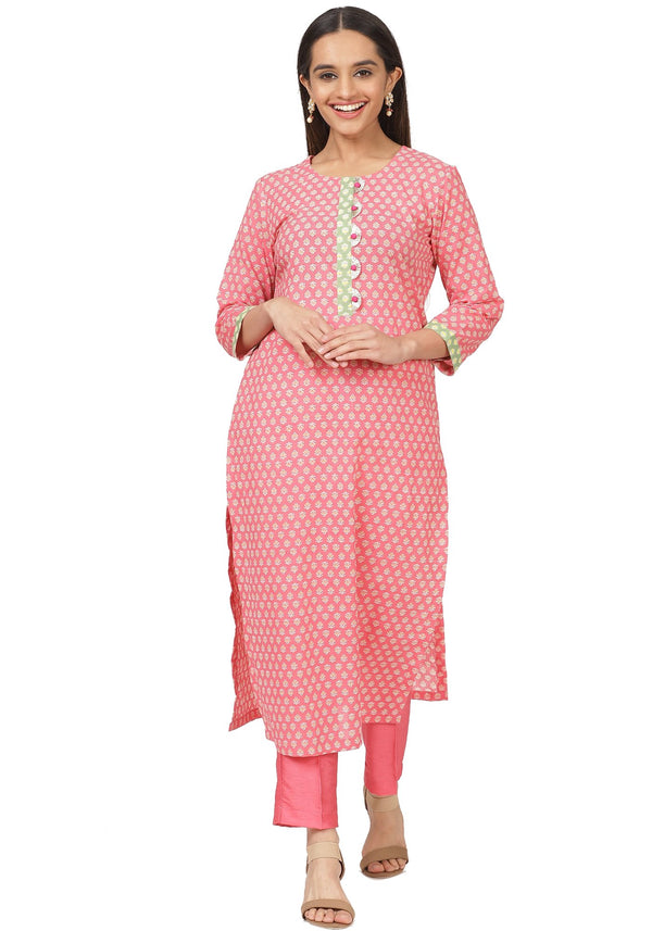 anokherang Combos Pastel Pink Printed Kurti with Straight Pants