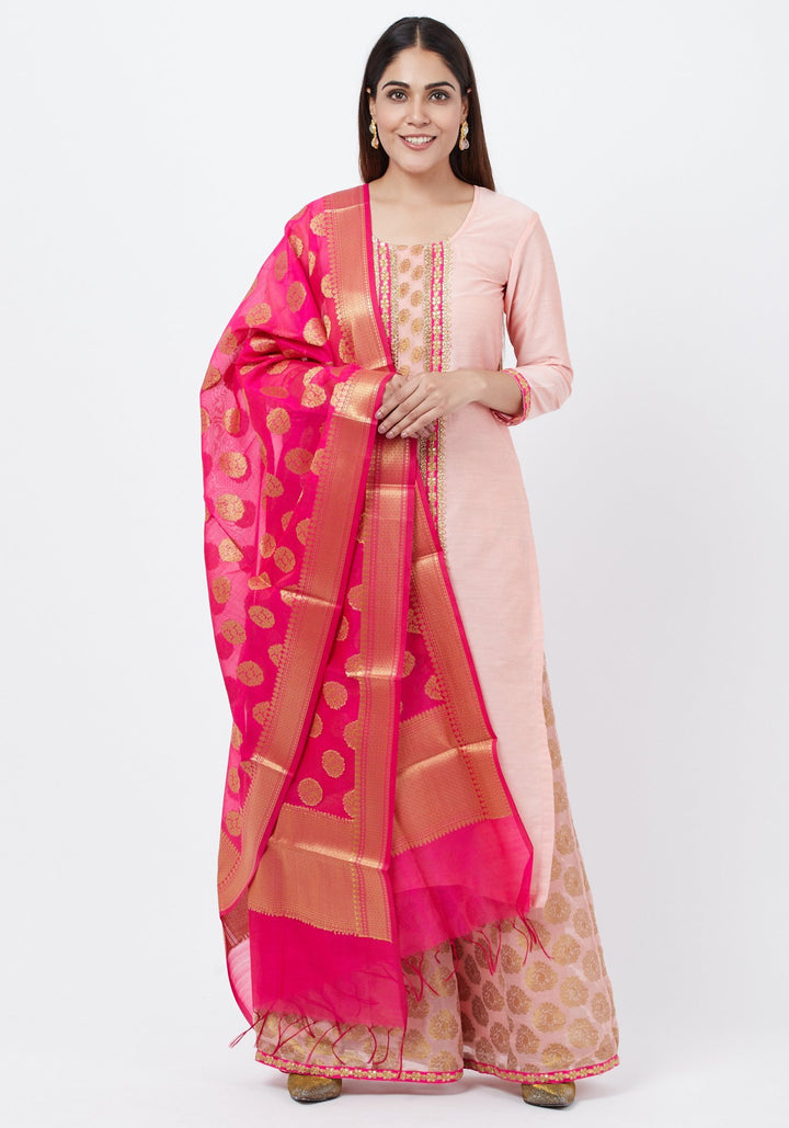 anokherang Combos Peach Banarsi Yoke Kurti with Banarsi Palazzo and Banarsi Dupatta
