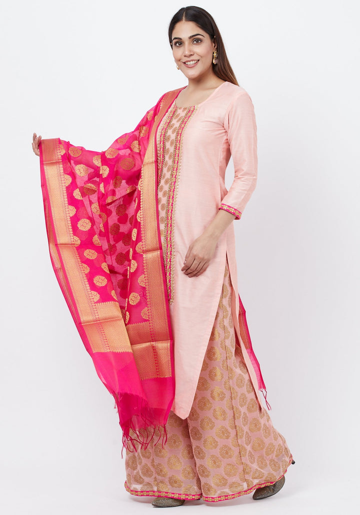 anokherang Combos Peach Banarsi Yoke Kurti with Banarsi Palazzo and Banarsi Dupatta