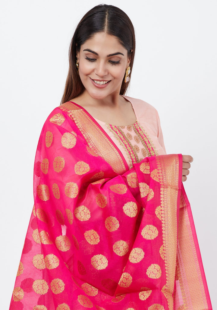 anokherang Combos Peach Banarsi Yoke Kurti with Banarsi Palazzo and Banarsi Dupatta