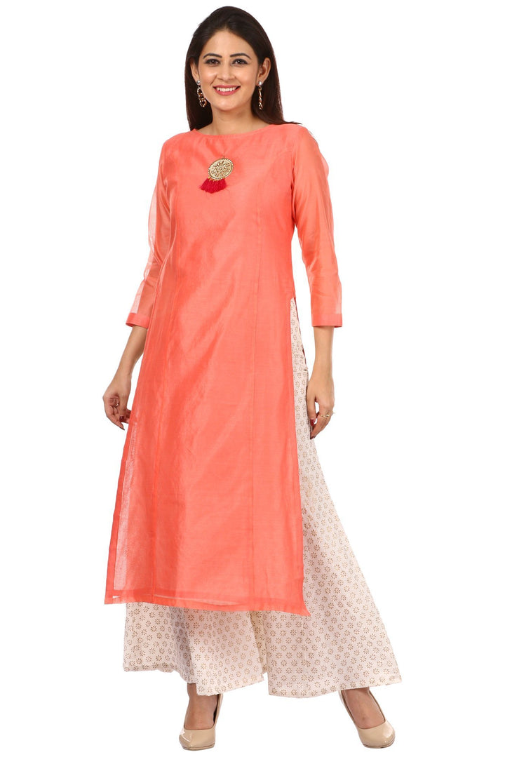 anokherang Combos Peach Chanderi Kurti with Off-White Kalidaar Palazzo