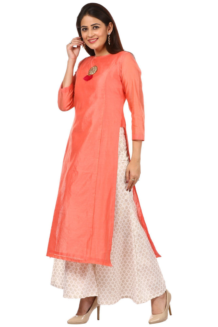 anokherang Combos Peach Chanderi Kurti with Off-White Kalidaar Palazzo