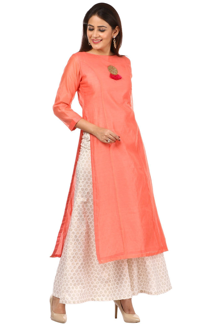 anokherang Combos Peach Chanderi Kurti with Off-White Kalidaar Palazzo