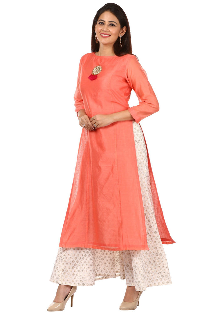 anokherang Combos Peach Chanderi Kurti with Off-White Kalidaar Palazzo