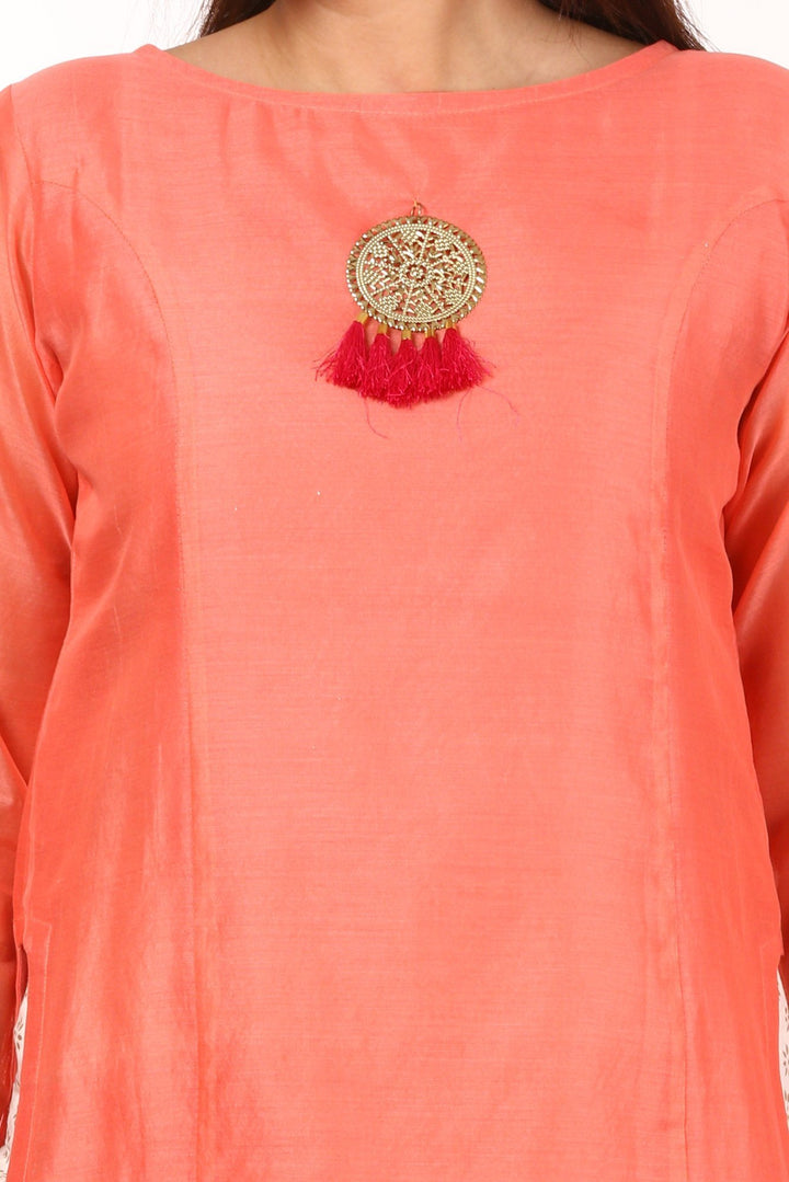anokherang Combos Peach Chanderi Kurti with Off-White Kalidaar Palazzo