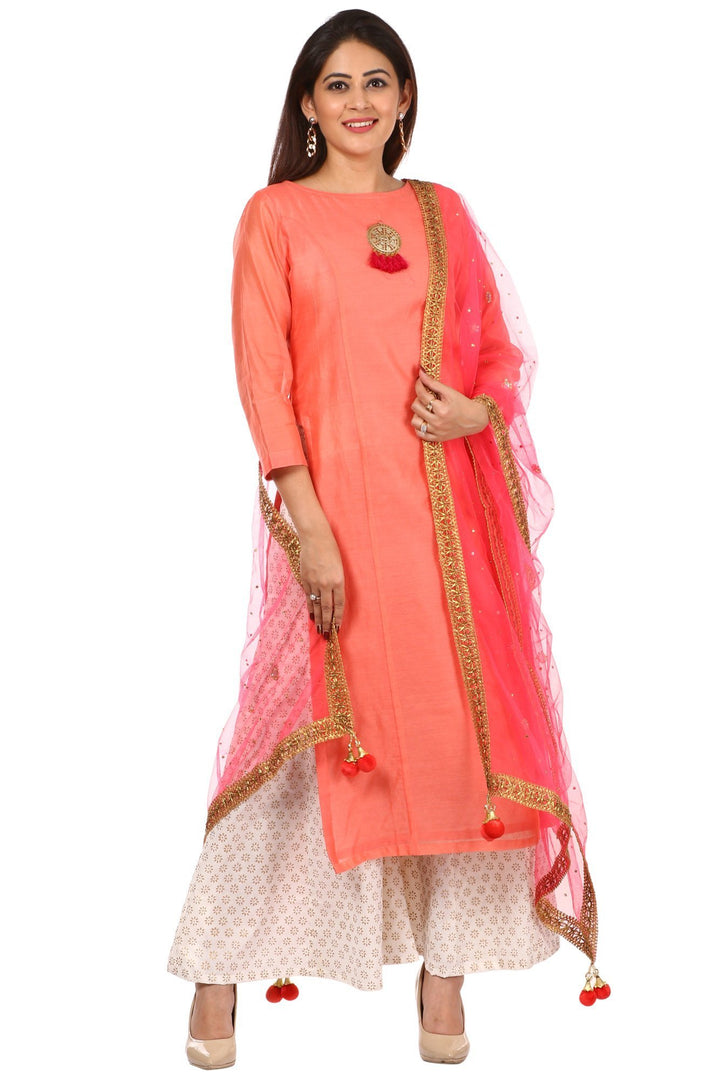 anokherang Combos Peach Chanderi Kurti with Off-White Kalidaar Palazzo and Carrot Pink Mirror Dupatta