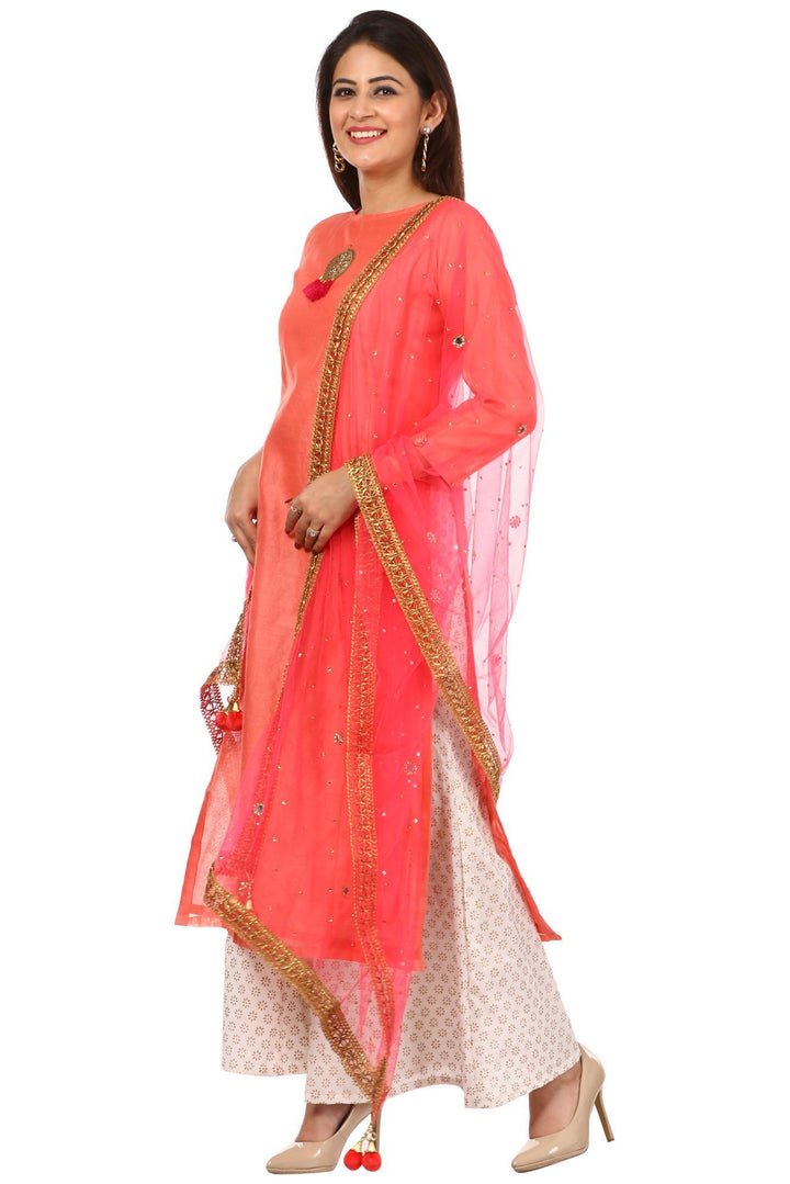 anokherang Combos Peach Chanderi Kurti with Off-White Kalidaar Palazzo and Carrot Pink Mirror Dupatta