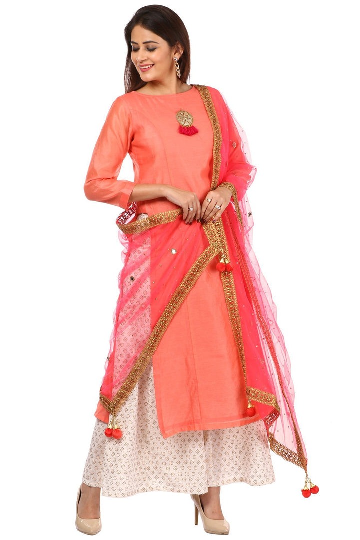 anokherang Combos Peach Chanderi Kurti with Off-White Kalidaar Palazzo and Carrot Pink Mirror Dupatta