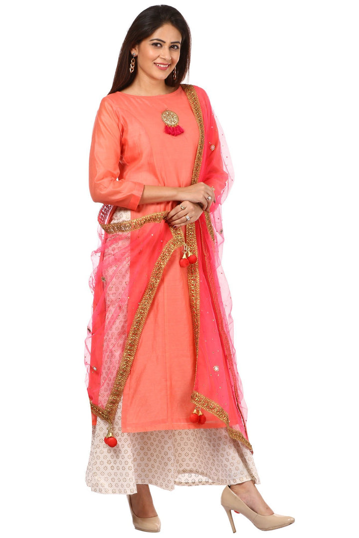 anokherang Combos Peach Chanderi Kurti with Off-White Kalidaar Palazzo and Carrot Pink Mirror Dupatta
