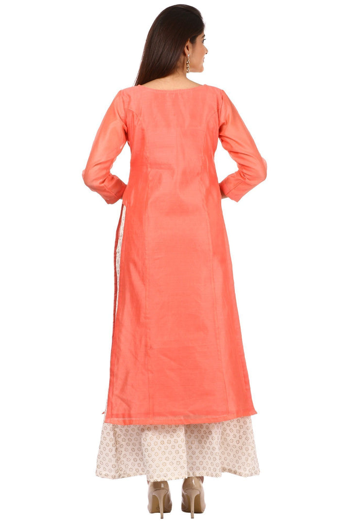 anokherang Combos Peach Chanderi Kurti with Off-White Kalidaar Palazzo and Carrot Pink Mirror Dupatta