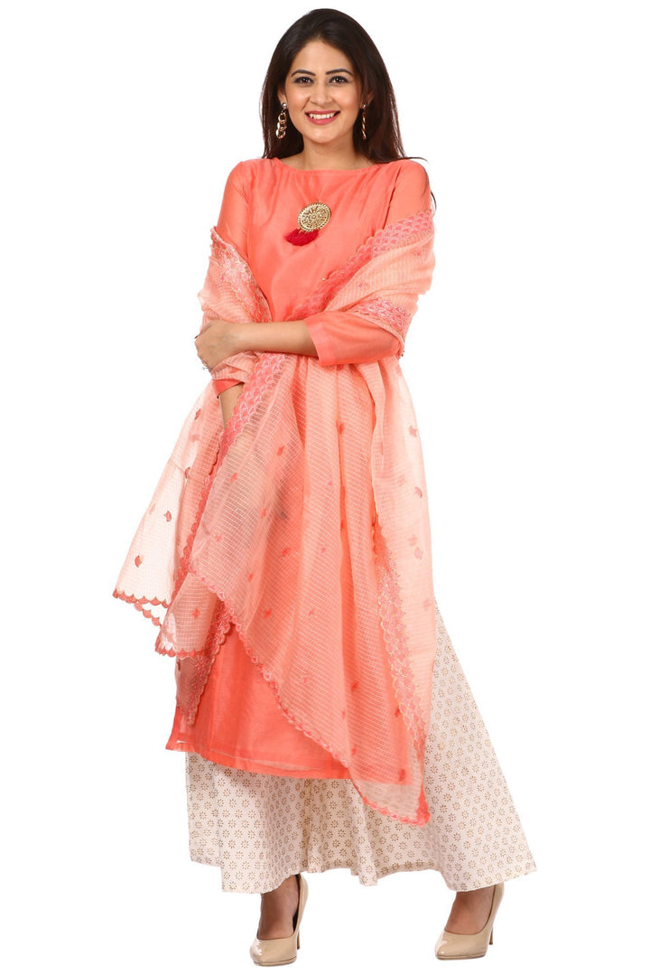 anokherang Combos Peach Chanderi Kurti with Off-White Kalidaar Palazzo and Peach Embroidered Dupatta