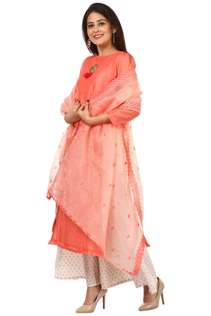 anokherang Combos Peach Chanderi Kurti with Off-White Kalidaar Palazzo and Peach Embroidered Dupatta