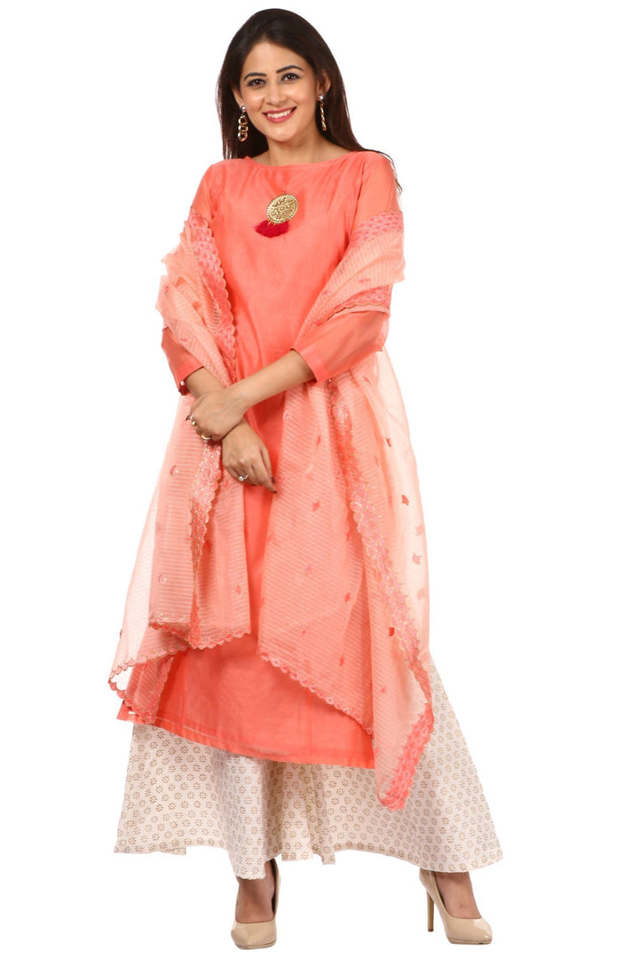 anokherang Combos Peach Chanderi Kurti with Off-White Kalidaar Palazzo and Peach Embroidered Dupatta
