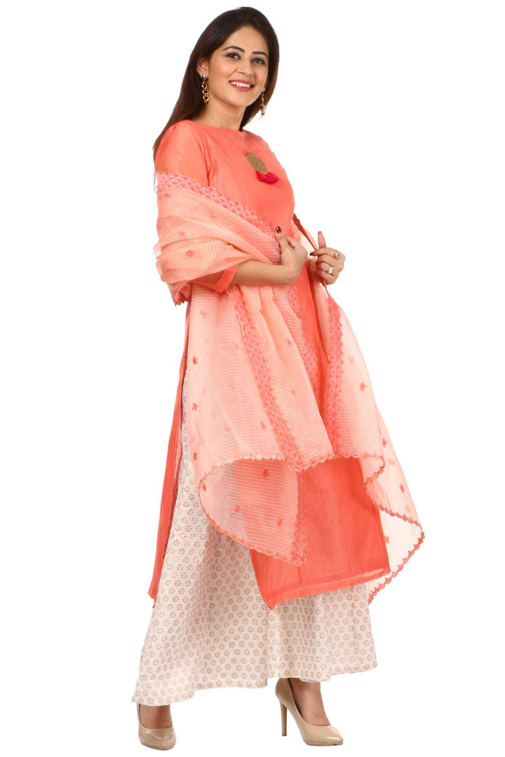 anokherang Combos Peach Chanderi Kurti with Off-White Kalidaar Palazzo and Peach Embroidered Dupatta