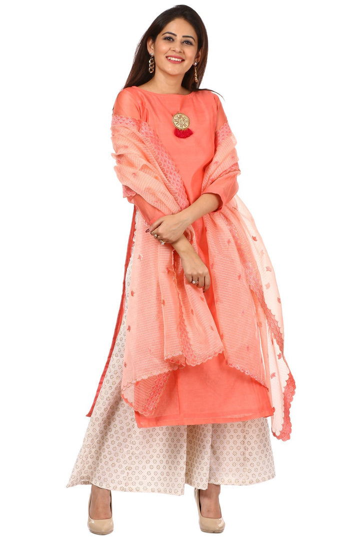 anokherang Combos Peach Chanderi Kurti with Off-White Kalidaar Palazzo and Peach Embroidered Dupatta