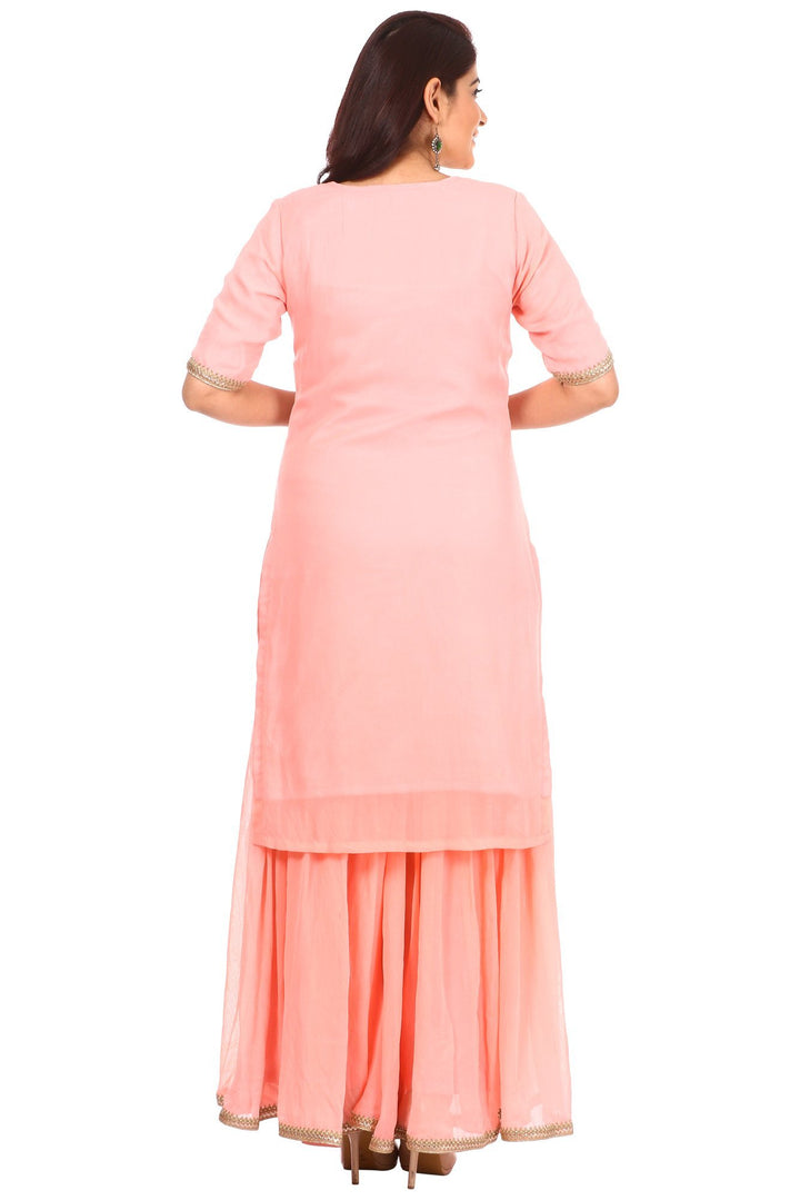 anokherang Combos Peach Charm Short Kurti with Gharara and Carrot Pink Sequenced Dupatta