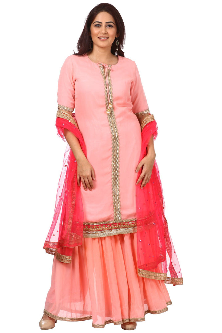 anokherang Combos Peach Charm Short Kurti with Gharara and Carrot Pink Sequenced Dupatta