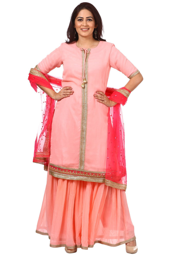 anokherang Combos Peach Charm Short Kurti with Gharara and Carrot Pink Sequenced Dupatta