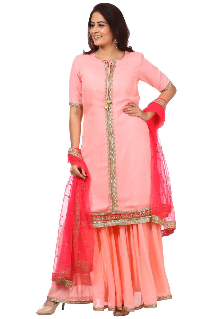 anokherang Combos Peach Charm Short Kurti with Gharara and Carrot Pink Sequenced Dupatta