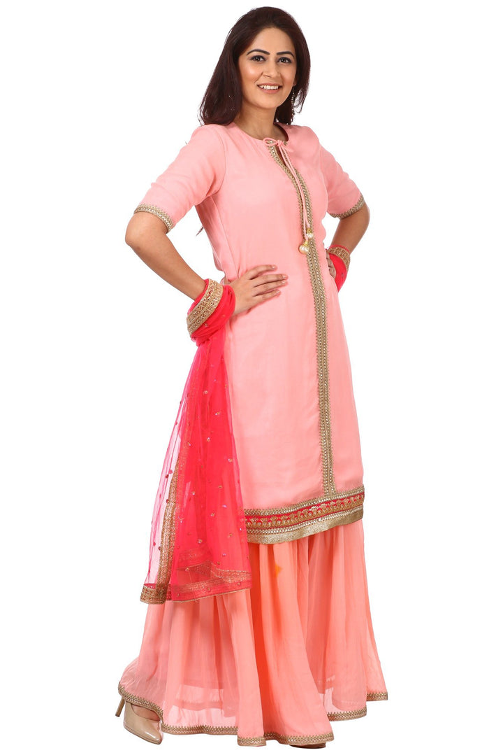 anokherang Combos Peach Charm Short Kurti with Gharara and Carrot Pink Sequenced Dupatta