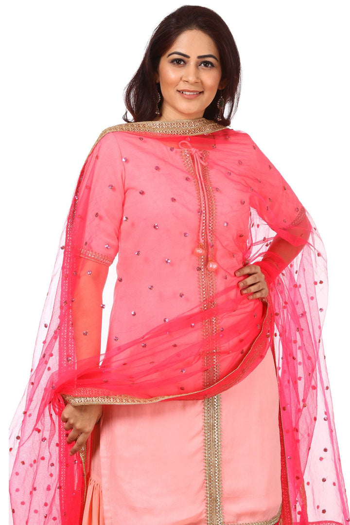 anokherang Combos Peach Charm Short Kurti with Gharara and Carrot Pink Sequenced Dupatta