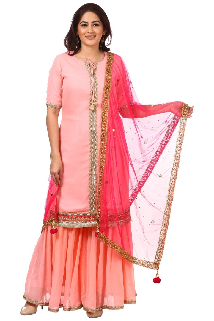 anokherang Combos Peach Charm Short Kurti with Gharara and Hot Pink Mirror and Stone Dupatta