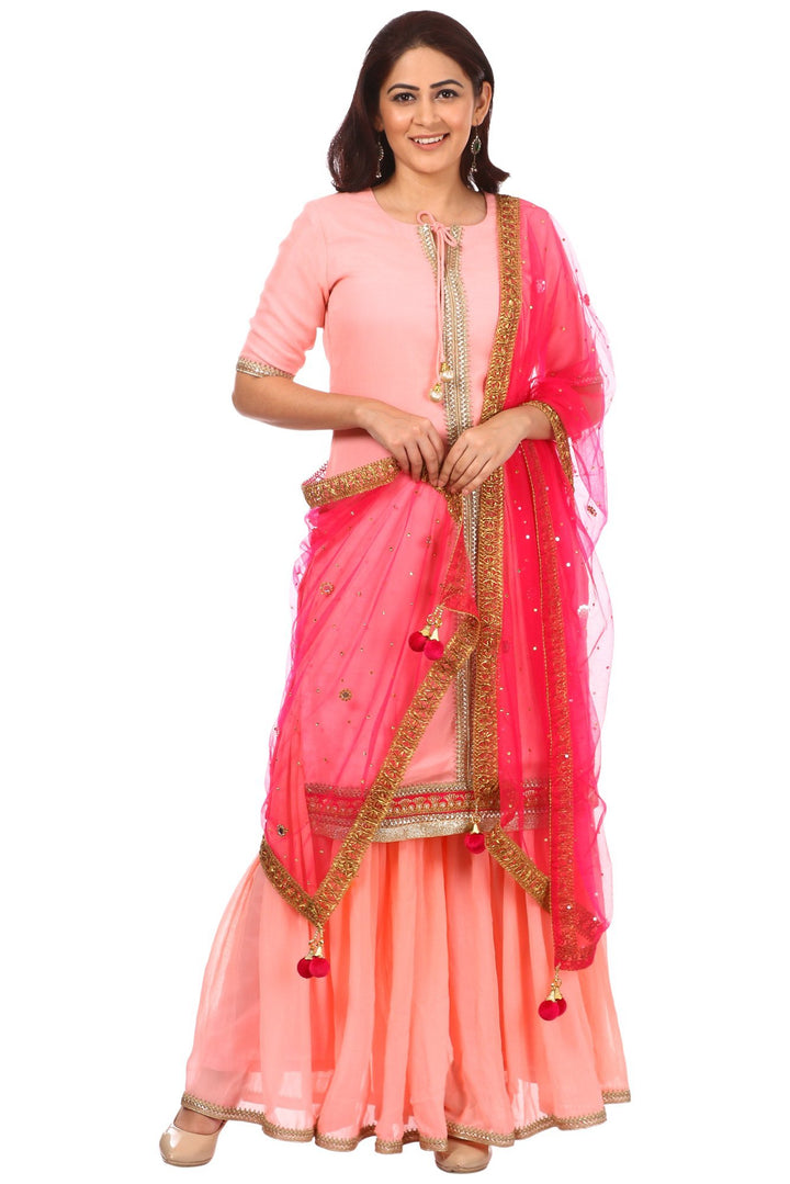 anokherang Combos Peach Charm Short Kurti with Gharara and Hot Pink Mirror and Stone Dupatta
