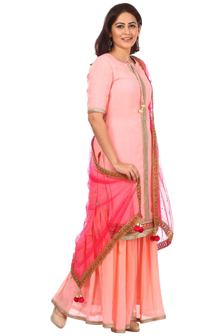 anokherang Combos Peach Charm Short Kurti with Gharara and Hot Pink Mirror and Stone Dupatta